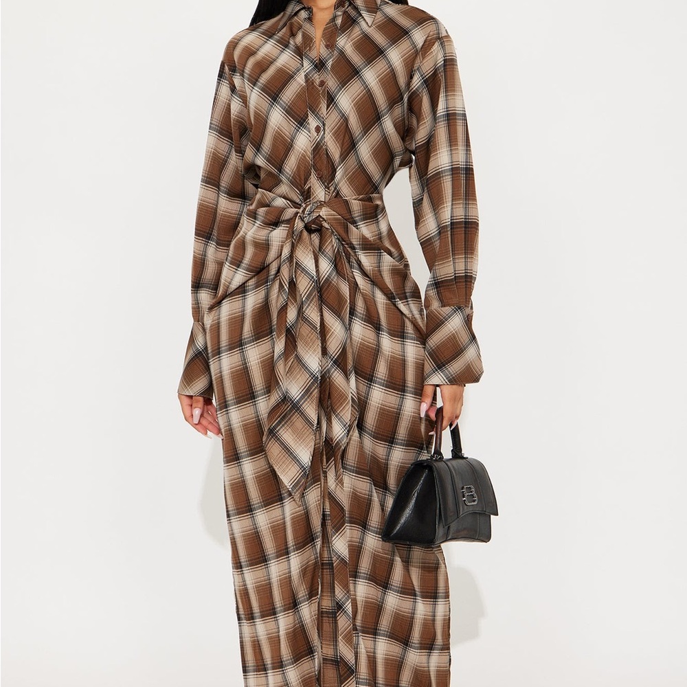 Fashion Nova Plaid Brown Maxi Dress. Sz. M. Worn once
